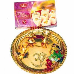 Brass Puja Thali with Soan Papdi 500 gms