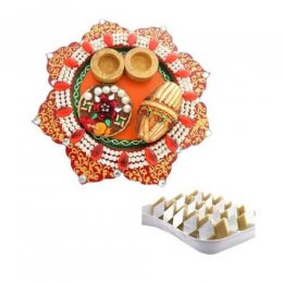 Wooden Meenakari POOJA THALI & Kaju Katli 200gms