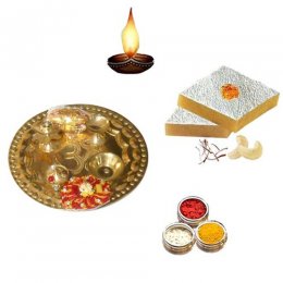 Brass Pooja Thali with Kaju Katli - 11065 -Canada Delivery
