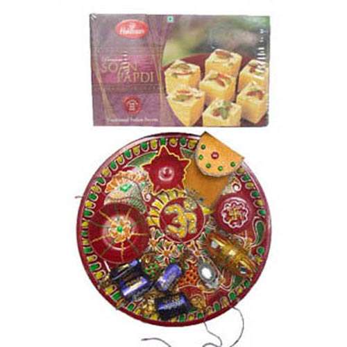 Om Puja Thali with 1 Kg Soanpapdi - Australia Delivery Only