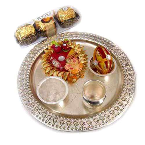 Rakhi German Silver Puja Thali with Ferrero Rocher