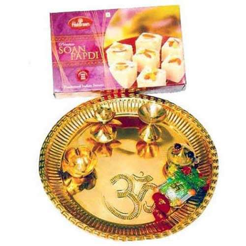 Om Brass Puja Thali With Soanpapdi 500 grm. - US DELIVERY ONLY
