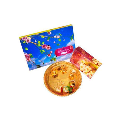 Brass Puja Thali With Saonpapdi & Celebrations - US Delivery