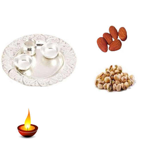 German Silver Thali With Pista & Badam - 11062 - USA delivery...
