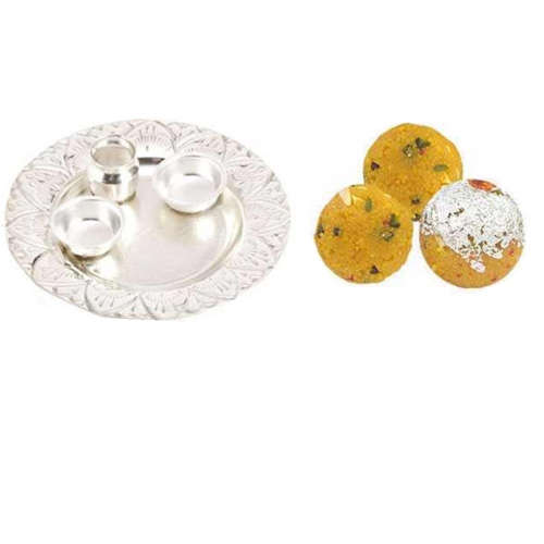 German Silver Thali With Besan Shahi Laddoo - 11028 - USA Delive