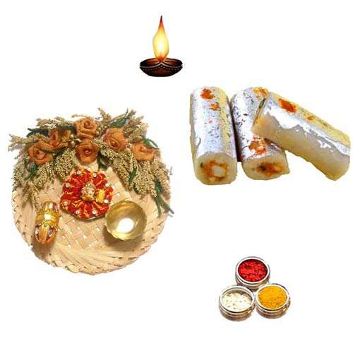 Cane Pooja Thali With Kaju Rolls - 11067 - UK Delivery
