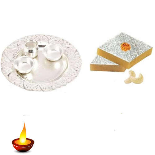 German Silver Thali With Kaju Katli - 11026 - UK Delivery