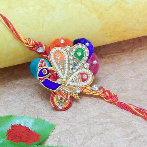 Magnifying Peacock Zardosi Work Rakhi