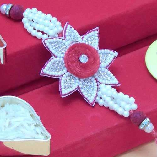 Flower Rakhi Embeded With Pearls & Beads - USA Delivery Only