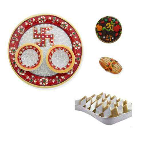 Swastik Marble Thali With Kaju Barfi 200 Gms. - USA Delivery Ony