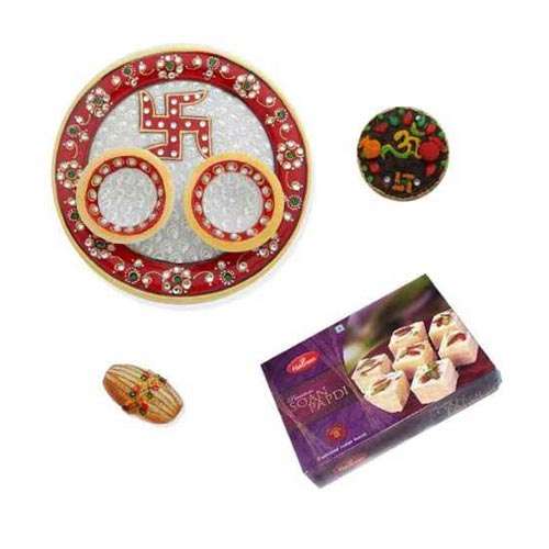 Swastik Marble Thali With Soan Papdi 250 Gms. - USA Delivery