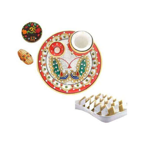 Peacock Designe Marbel Puja Thali With Kaju Barfi 200 gms