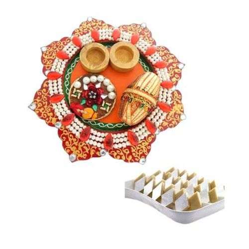 Wooden POOJA THALI &  Kaju Katli 200gms - USA Delivery Only