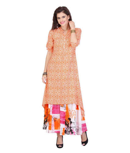 Red and White Colored Rayon Printed Partywear Stitched Kurti