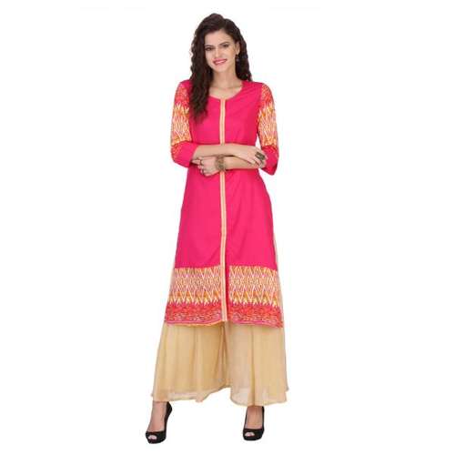Magenta and Cream Colored Rayon Printed Partywear Stitched Kurti