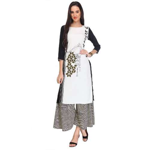 Black & White Colored Rayon Printed Partywear Stitched Kurti