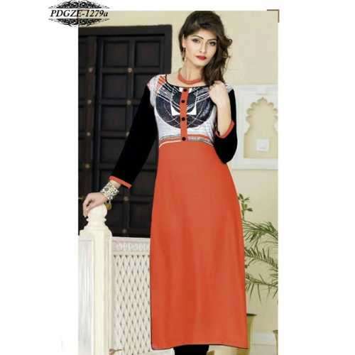 Orange & Black Color Rayon Printed Stitched Kurti