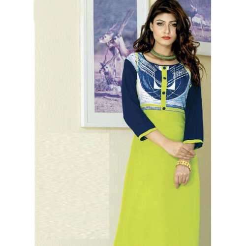 Yellow & Nevy Blue Color Rayon Printed Stitched Kurti