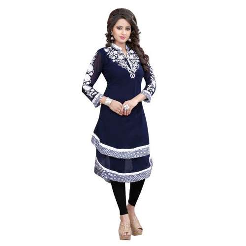 Navy Blue Embroidered Georgette Umbrella Style Kurti