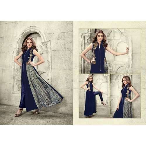 Nevy Blue Falken Velvet Embroidered Semi  Stitched Salwar Suit