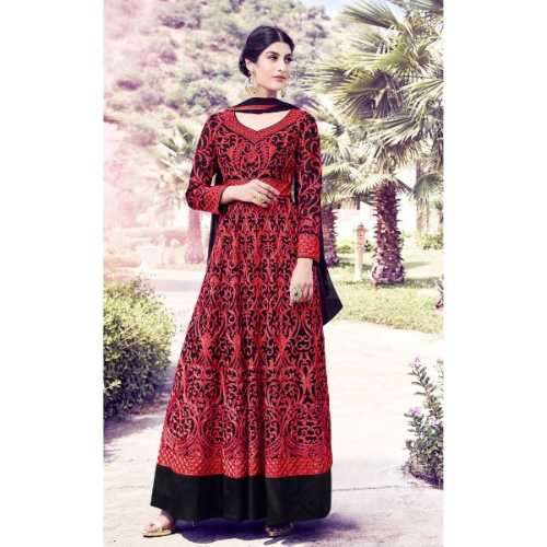 Black & Maroon Colored Semi Georgette And Net Embroidered