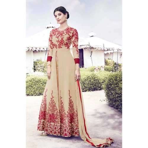 Urban Naari Cream and Red Colored Semi Georgette Salwar Suit