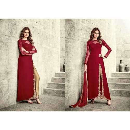 Maroon  Falken Velvet Embroidered Semi Stitched Salwar Suit