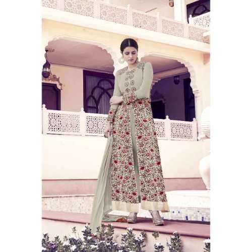 Grey and Maroon Semi Georgette & Net Semi Stitched Salwar Suit