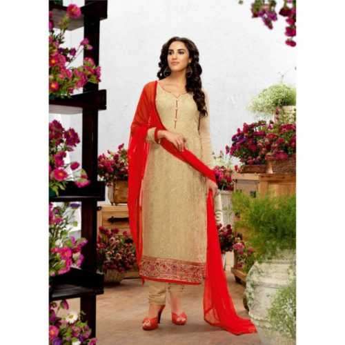 Flashy Cream and Red Salwar Suit Semi Stitched.
