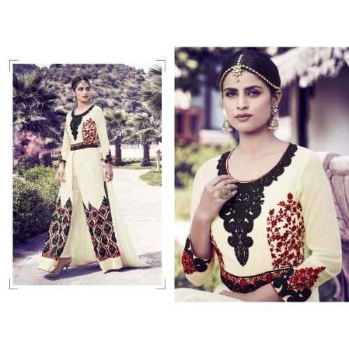 Awesome Cream and Black Salwar Suit Semi Stitched.