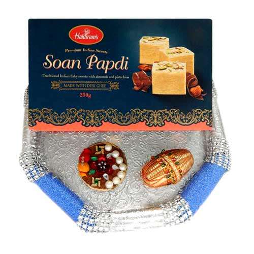 Hand Made Designer Puja thali With Soan Papdi 250 gms. - 3