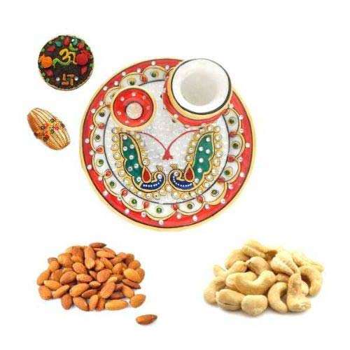 Peacock Designe Marble Puja Thali With Dry Fruits - USA Only