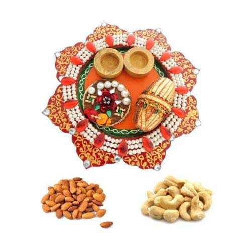 Wooden Meenakari POOJA THALI Almonds 100gms Kaju 100gms - UK