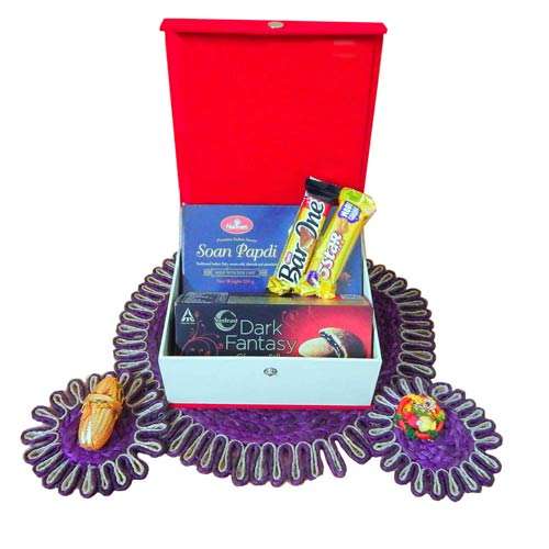 Auspicious Jeweled Chocolate Rakhi Box - CANADA Delivery Only