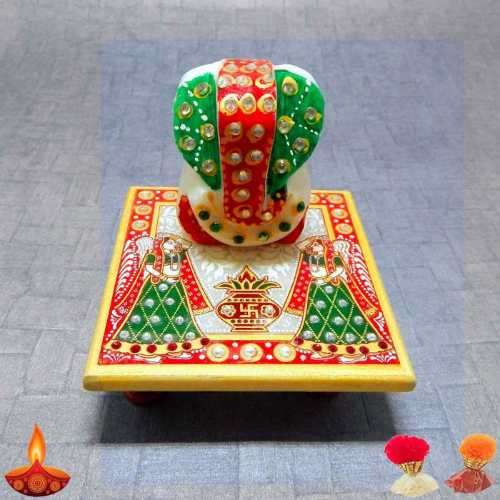 Beautiful Meenakari Lord Ganesh On Marble Chowki