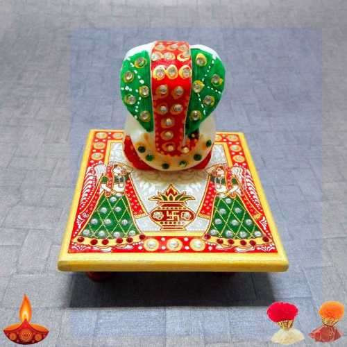 Beautiful Meenakari Lord Ganesh On Marble Chowki - USA Delivery