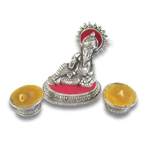 Lord Ganesh With Two Wax Diya  - 45 - USA Delivery Only