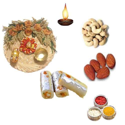 Cane Pooja Thali With Sweets & Dry Fruits - 11072 - Singapore