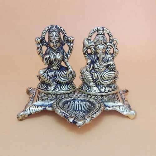 White Metal Ganesh & Lakshmi With Diya - Australia Delivery Only