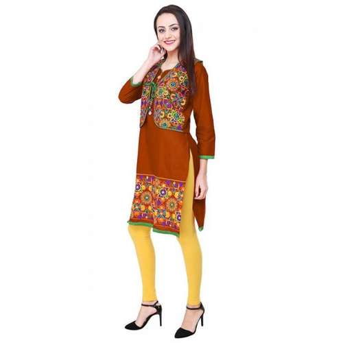 Premium Brown Cotton Kurti with Embroidered Jacket