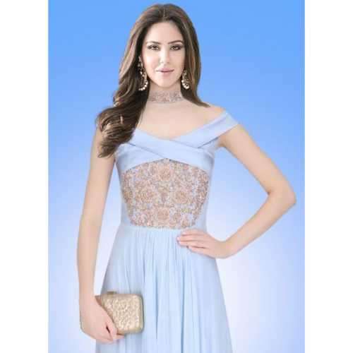Blue Crepe Silk Fabric Party Wear Gown