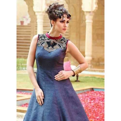 Silk Fabric Blue Color Readymade Gown