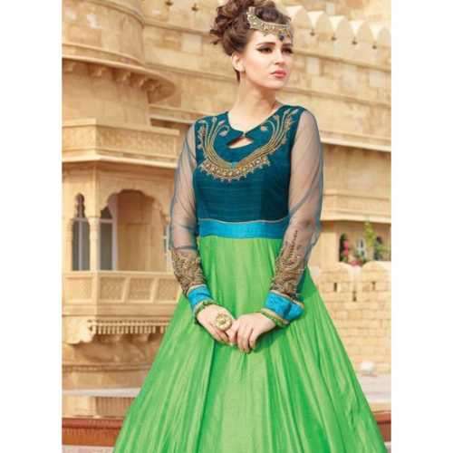 Silk Fabric Green Color Readymade Gown