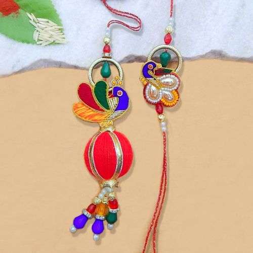 Engrossing Peacock Rakhi Lumba Set - USA Delivery Only