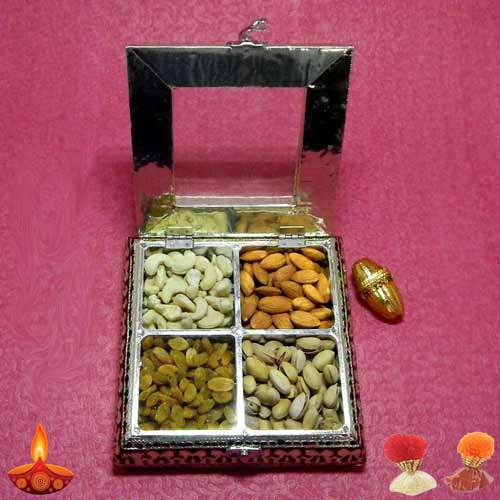 Designer Square White Metal Box With Dryfruits - USA Only