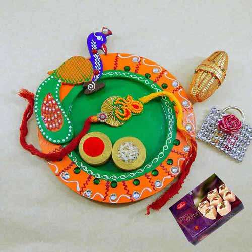 Peacock Wooden Puja Thali with Soan Papdi 250 grm