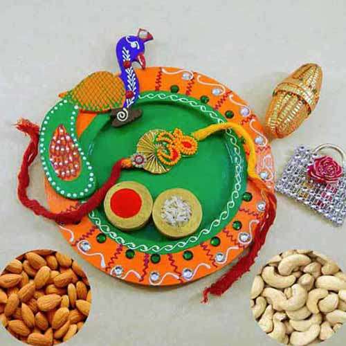 Peacock Wooden Puja Thali with Almond & Cashew