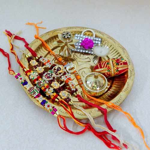 Rakhi Set of 5 Rakhis with Brass Puja Thali - 23