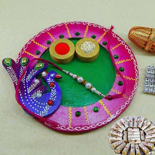 Exclusive wooden Puja thali with Kaju Rolls 200 grm. - USA Only