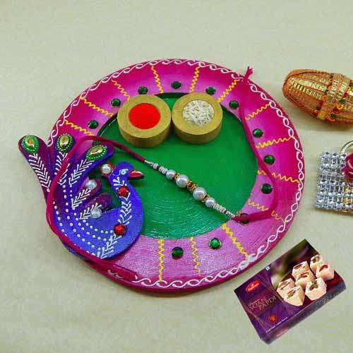 Exclusive wooden Puja thali with Soan Papdi 250 grm. - USA Only